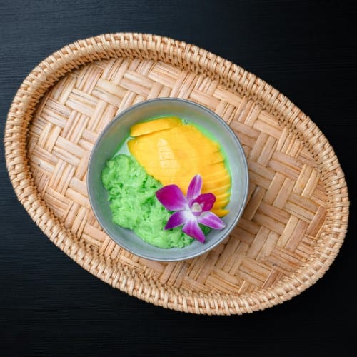 "Khao Niao  Mak Muong - Pandan Mango Sticky Rice".